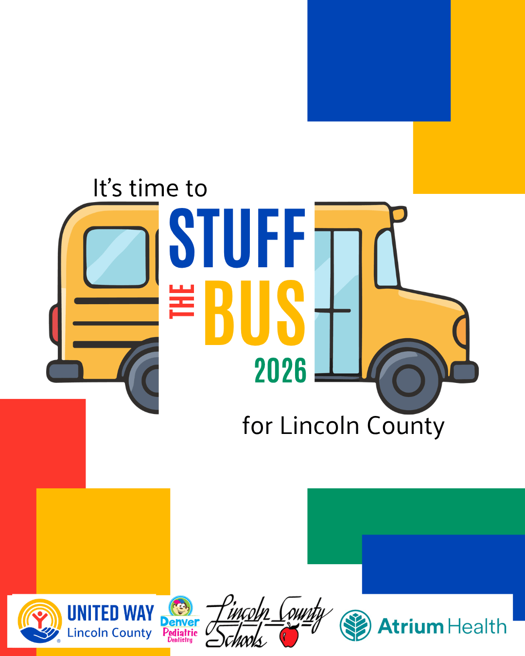 Stuff the Bus 2026 bus logo with "It's time to stuff the bus 2026 for Lincoln County." written in the center.