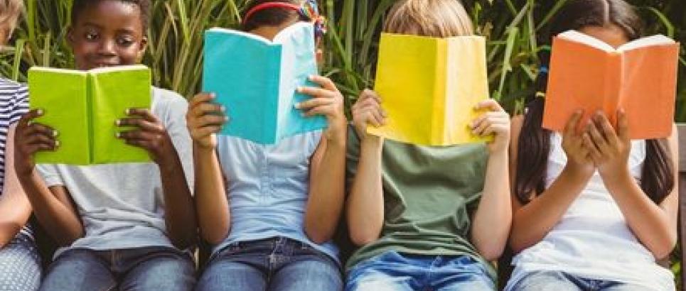 Children sitting on a wall reading books